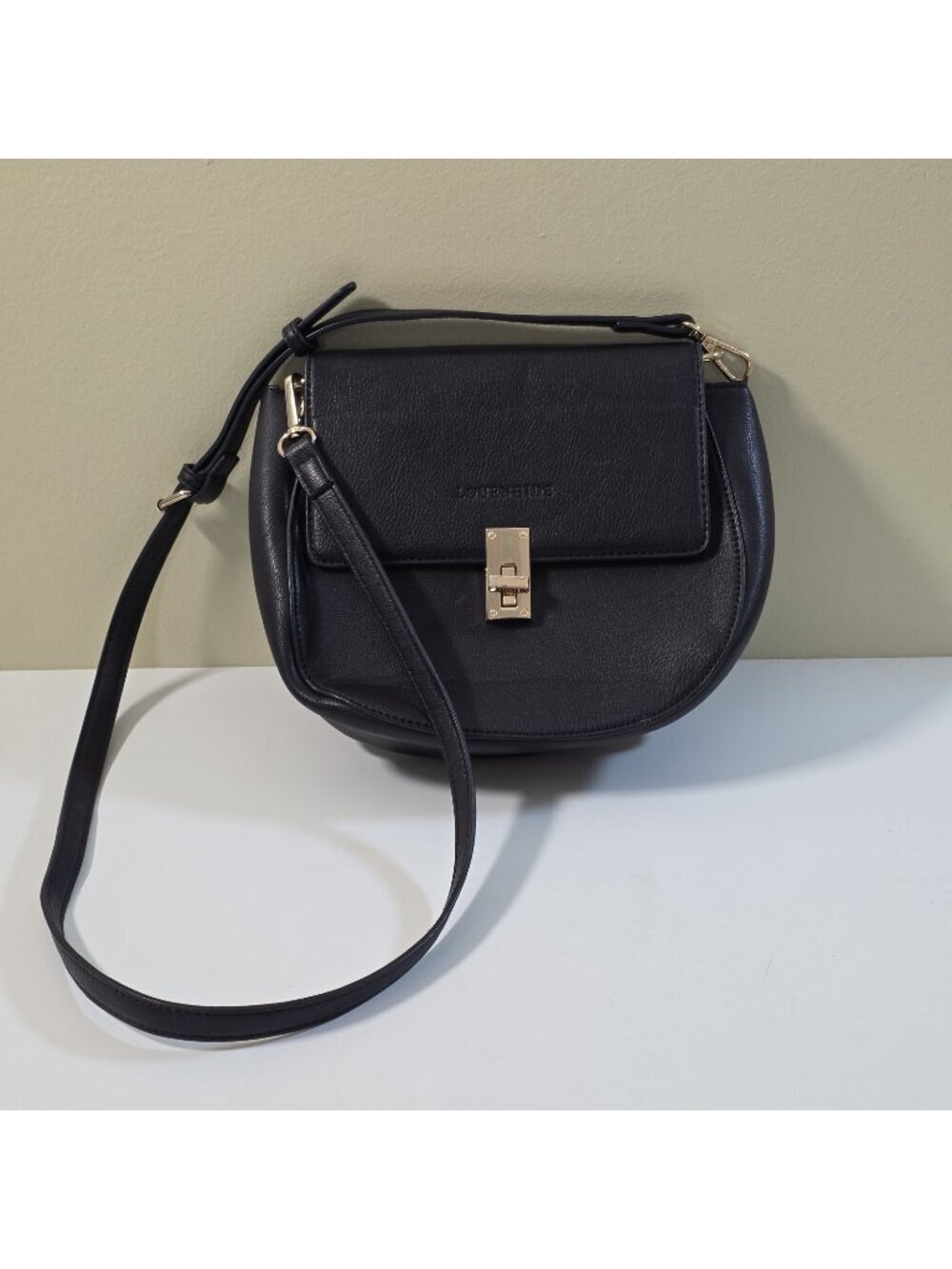 Louenhide Black Vegan Leather Turn Lock Saddle Crossbody Bag Gold Hardware FLAW